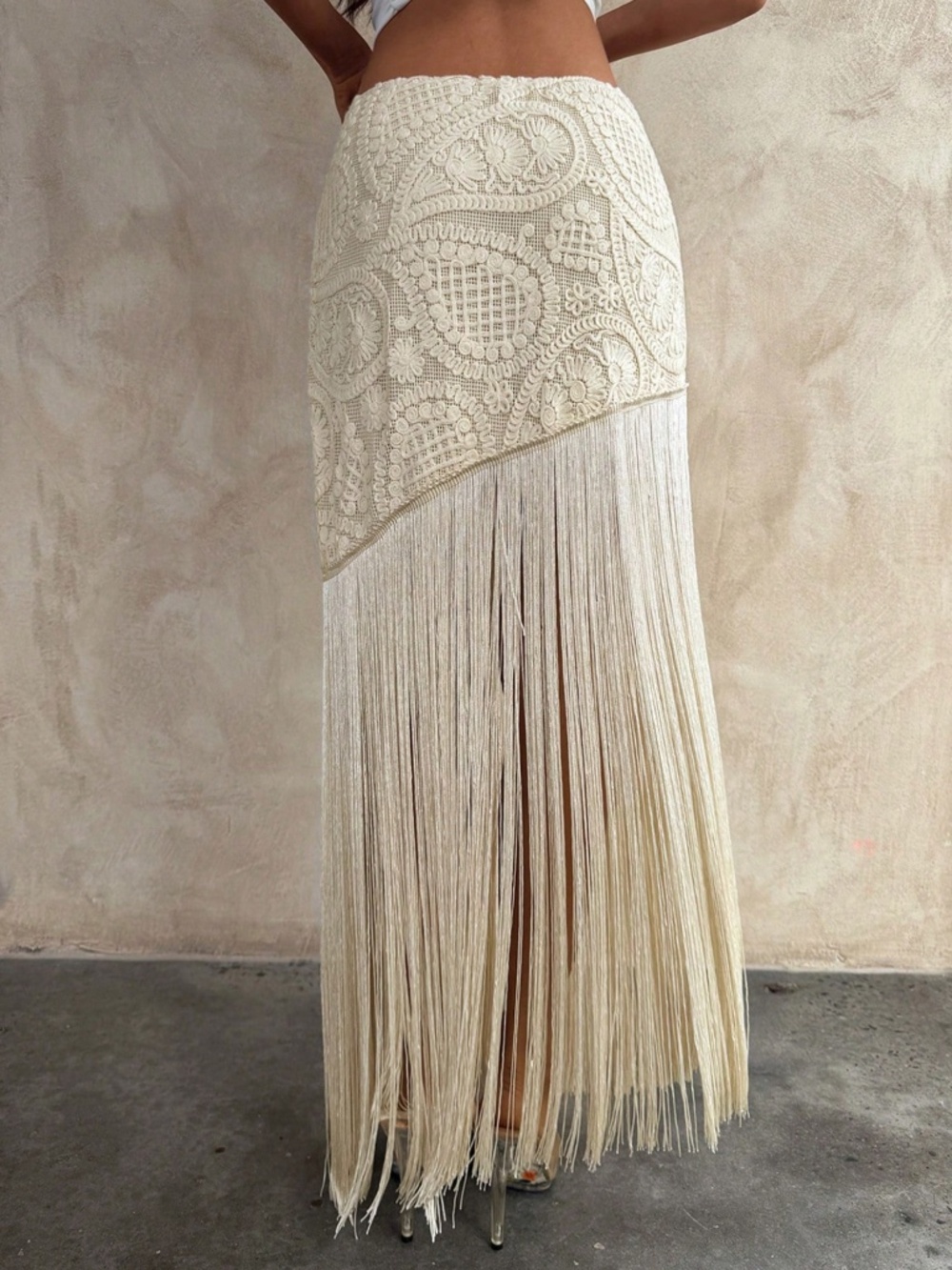 Boho Floral lace Stretchy Waist Tassel Detail Maxi Skirt - Picture 5 of 6
